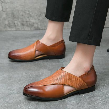 Leather Woven Detail Loafers Brown and Black - Harren Cole