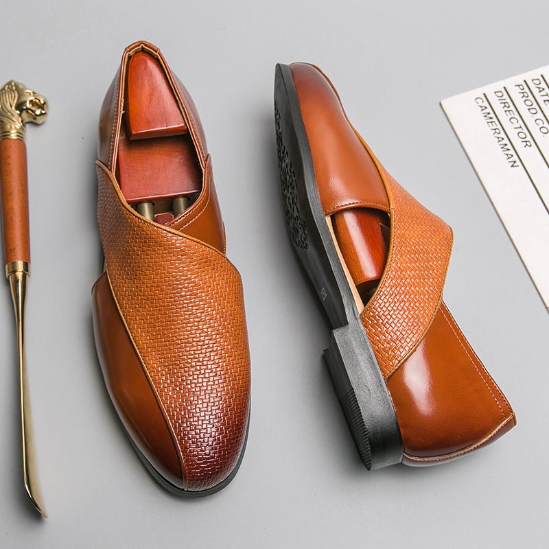 Leather Woven Detail Loafers Brown and Black - Harren Cole