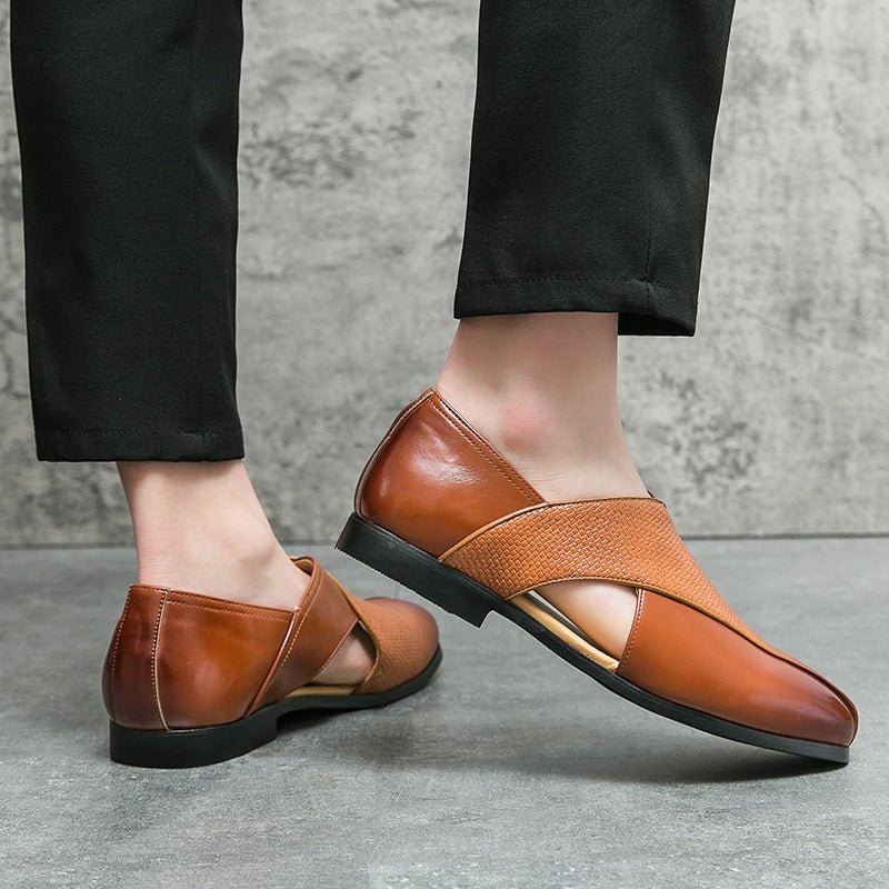 Leather Woven Detail Loafers Brown and Black - Harren Cole