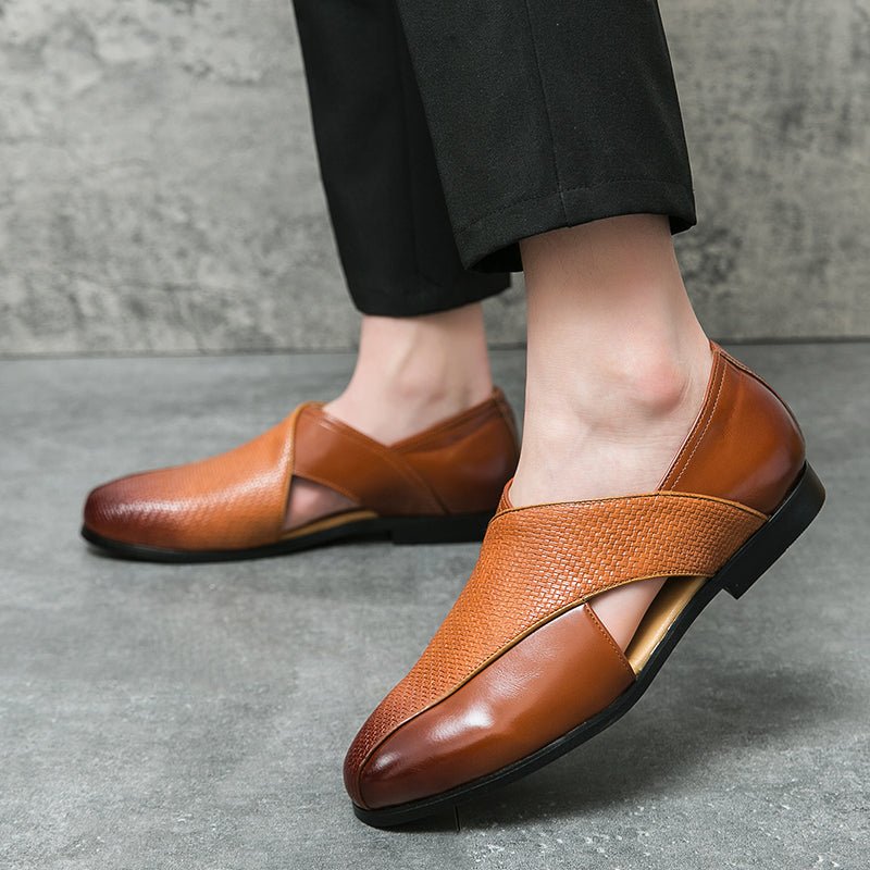Leather Woven Detail Loafers Brown and Black - Harren Cole