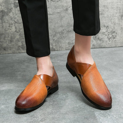 Leather Woven Detail Loafers Brown and Black - Harren Cole