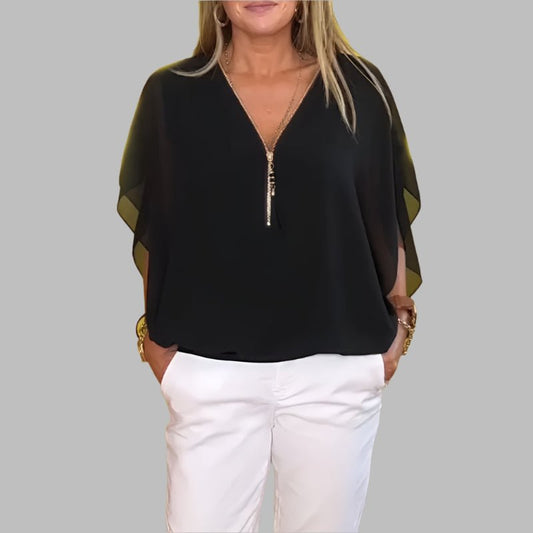 Leichtes Chiffon - Freizeitoberteil mit kurzen Ärmeln und halbem Reißverschluss - Livezo