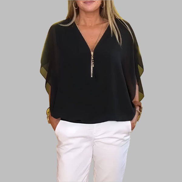 Leichtes Chiffon - Freizeitoberteil mit kurzen Ärmeln und halbem Reißverschluss - Livezo