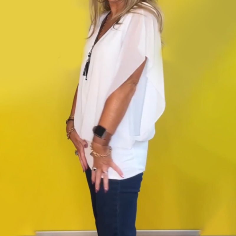 Leichtes Chiffon - Freizeitoberteil mit kurzen Ärmeln und halbem Reißverschluss - Livezo