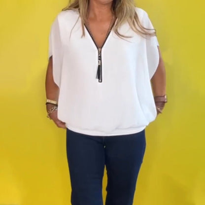 Leichtes Chiffon - Freizeitoberteil mit kurzen Ärmeln und halbem Reißverschluss - Livezo