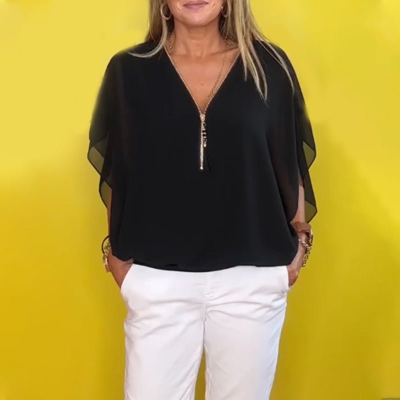 Leichtes Chiffon - Freizeitoberteil mit kurzen Ärmeln und halbem Reißverschluss - Livezo