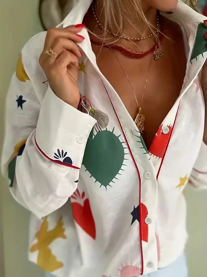 Leinenmischung bedruckte lockere Bluse mit langen Ärmeln - Livezo