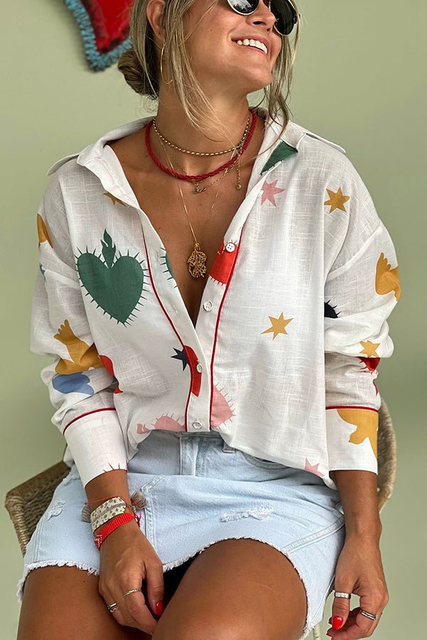 Leinenmischung bedruckte lockere Bluse mit langen Ärmeln - Livezo