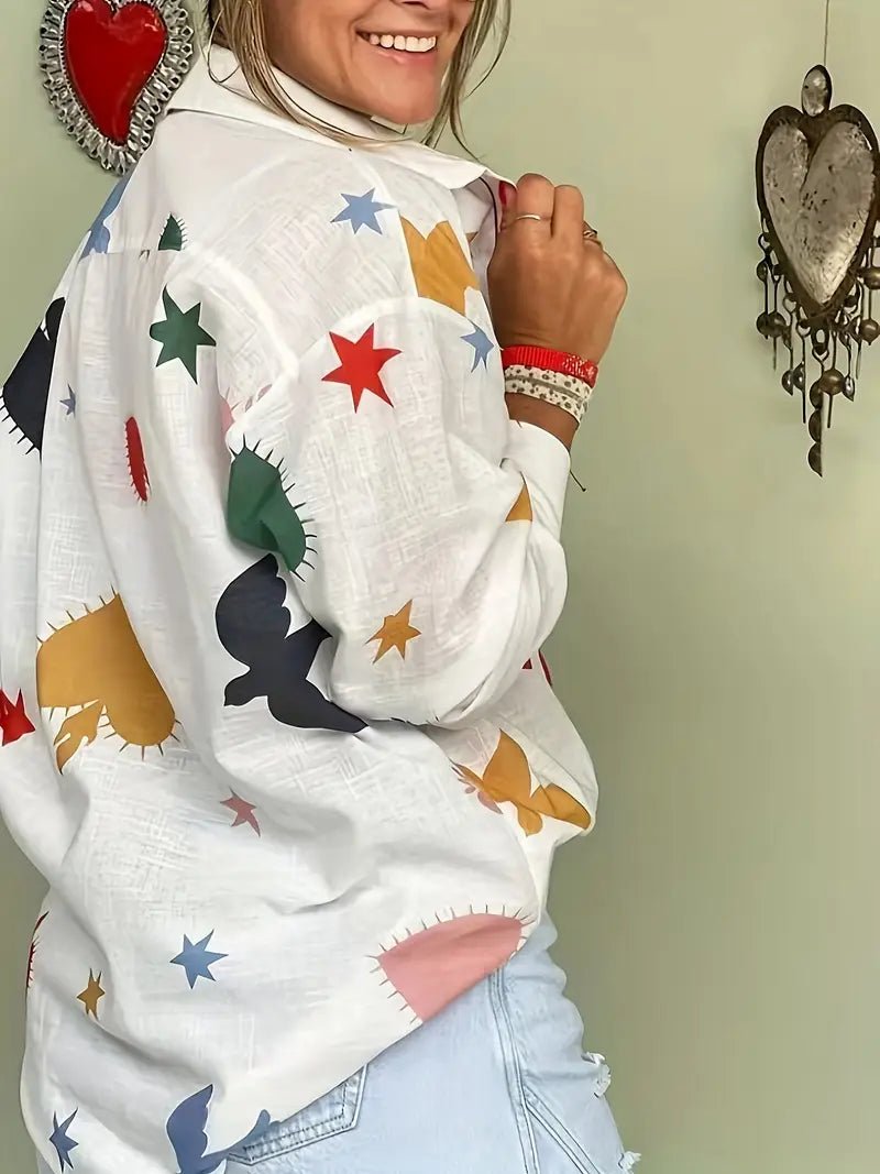 Leinenmischung bedruckte lockere Bluse mit langen Ärmeln - Livezo