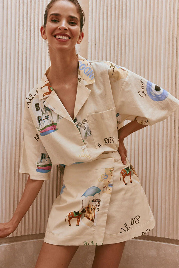 Leinenmischung Bedrucktes Kurzarmhemd und Hochgesetztes Wickelrock - Set - Livezo