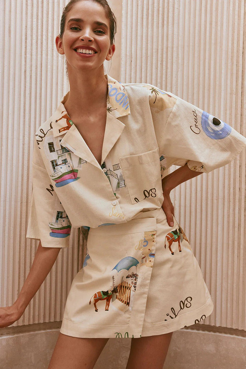 Leinenmischung Bedrucktes Kurzarmhemd und Hochgesetztes Wickelrock - Set - Livezo