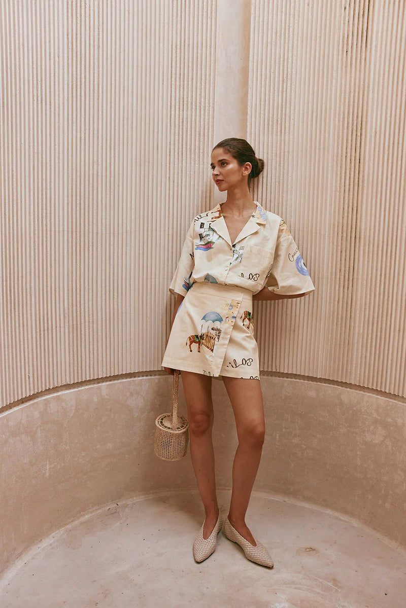 Leinenmischung Bedrucktes Kurzarmhemd und Hochgesetztes Wickelrock - Set - Livezo