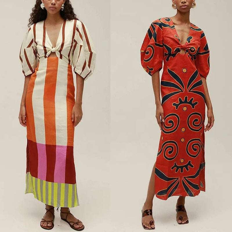 Leinenmischung Color Block Kleid mit Knoten, Ausschnitt, Puffärmeln und Maxi - Länge - Livezo