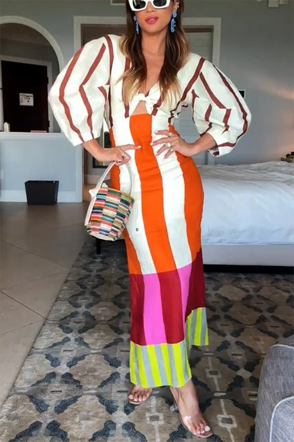 Leinenmischung Color Block Kleid mit Knoten, Ausschnitt, Puffärmeln und Maxi - Länge - Livezo