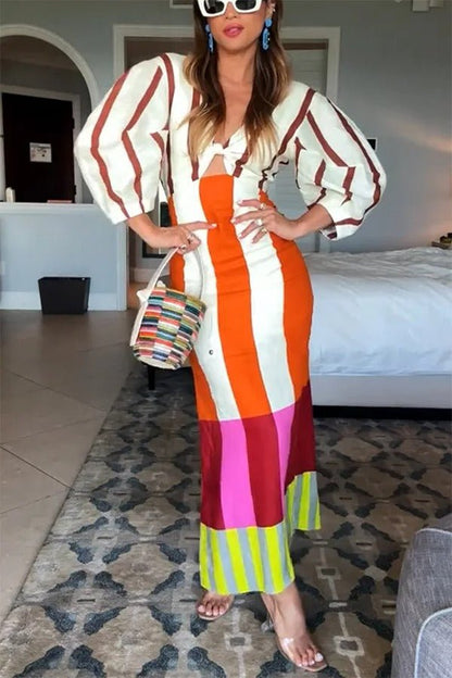 Leinenmischung Color Block Kleid mit Knoten, Ausschnitt, Puffärmeln und Maxi - Länge - Livezo