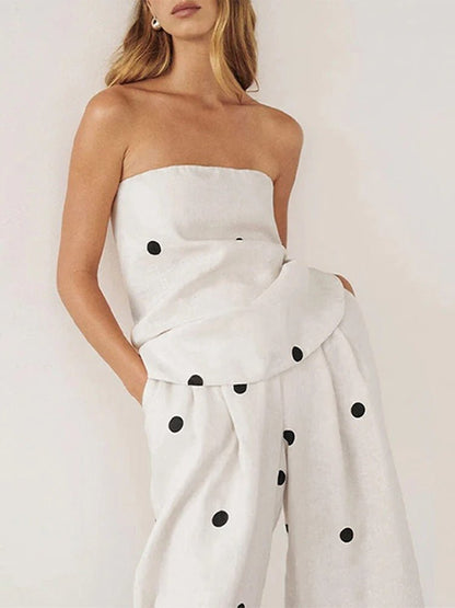 Leinenmischung Polka - Dot Bandeau - Top mit weitem Bein Hose Set - Livezo