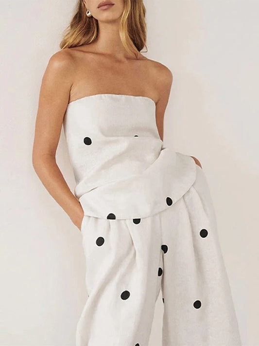 Leinenmischung Polka - Dot Bandeau - Top mit weitem Bein Hose Set - Livezo