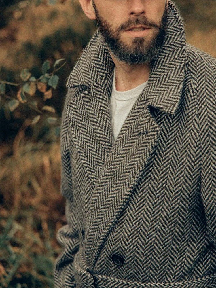 Long Herringbone Pattern Wool Blend Coat - Harren Cole