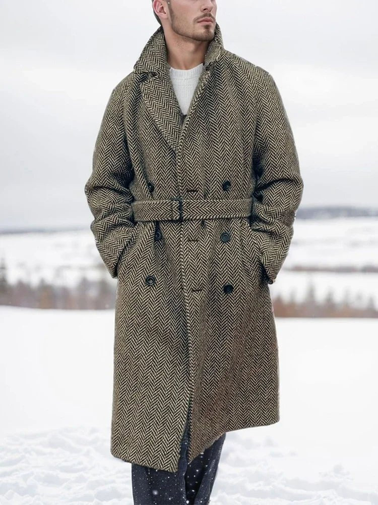 Long Herringbone Pattern Wool Blend Coat - Harren Cole