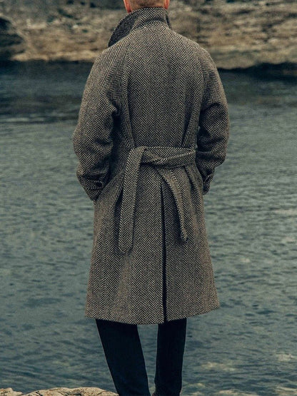 Long Herringbone Pattern Wool Blend Coat - Harren Cole