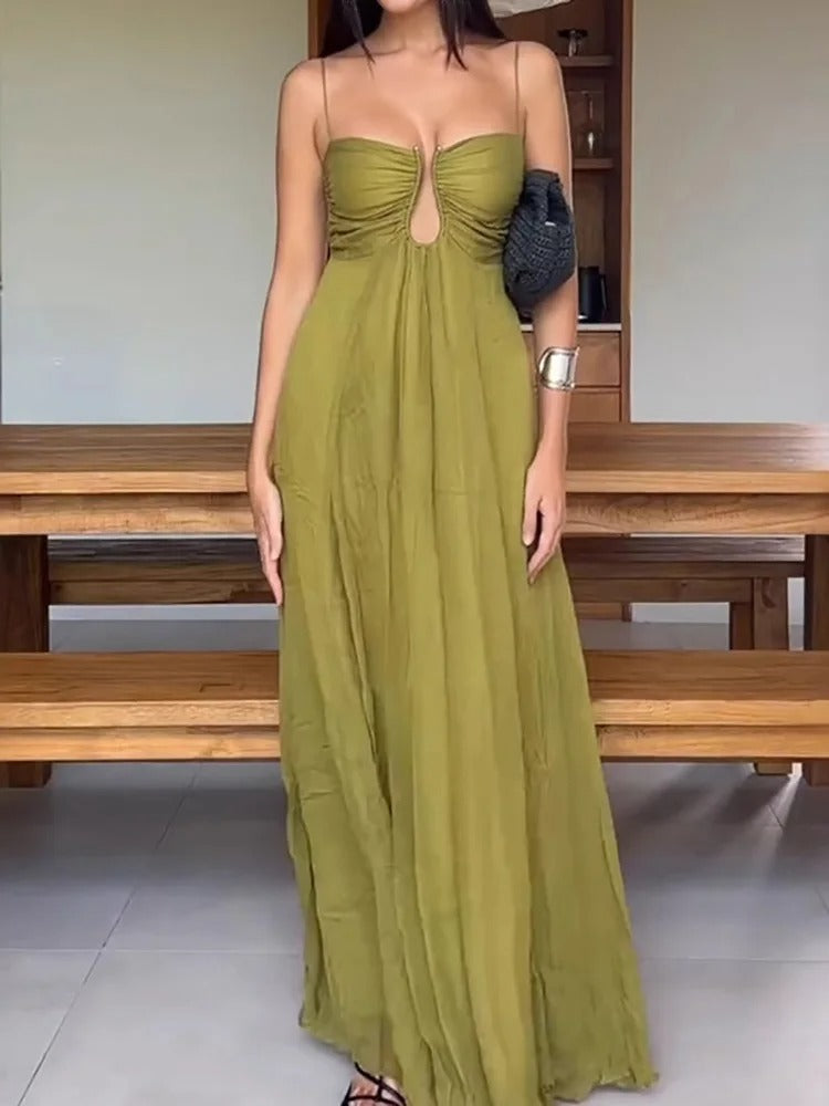 Elegantes Maxikleid aus Metall mit hohlem Rücken und gerafftem A-Linien-Schnitt