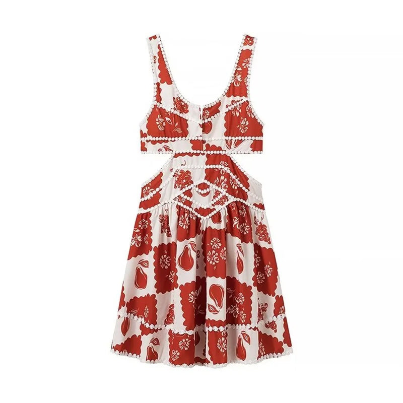 Leinen-Minikleid mit Ausschnitt-Taschen und Rüschenbesatz