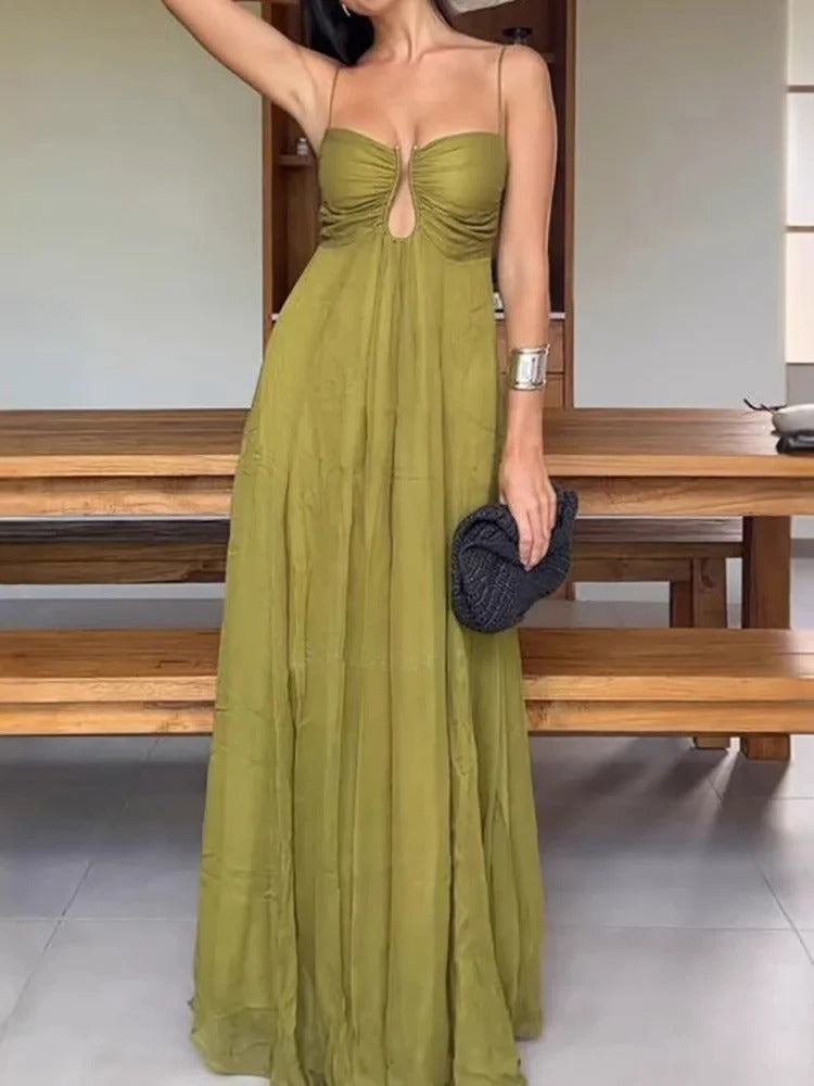 Elegantes Maxikleid aus Metall mit hohlem Rücken und gerafftem A-Linien-Schnitt