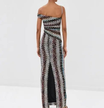 Buntes Maxikleid mit Zickzackmuster, Ein-Schulter-Design und Schlitz