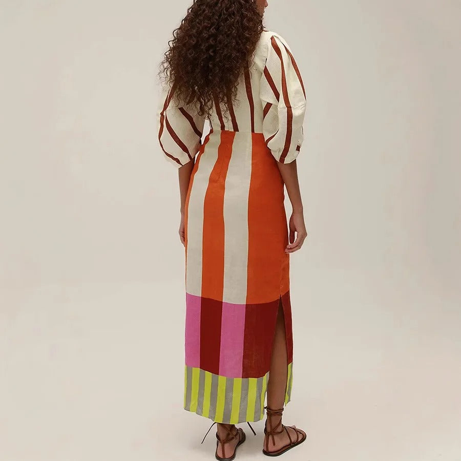 Leinenmischung Color Block Kleid mit Knoten, Ausschnitt, Puffärmeln und Maxi-Länge
