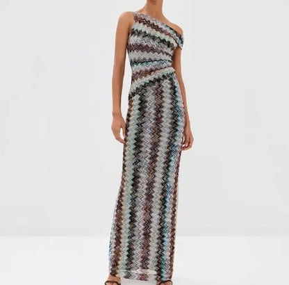 Buntes Maxikleid mit Zickzackmuster, Ein-Schulter-Design und Schlitz