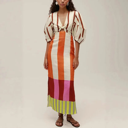 Leinenmischung Color Block Kleid mit Knoten, Ausschnitt, Puffärmeln und Maxi-Länge