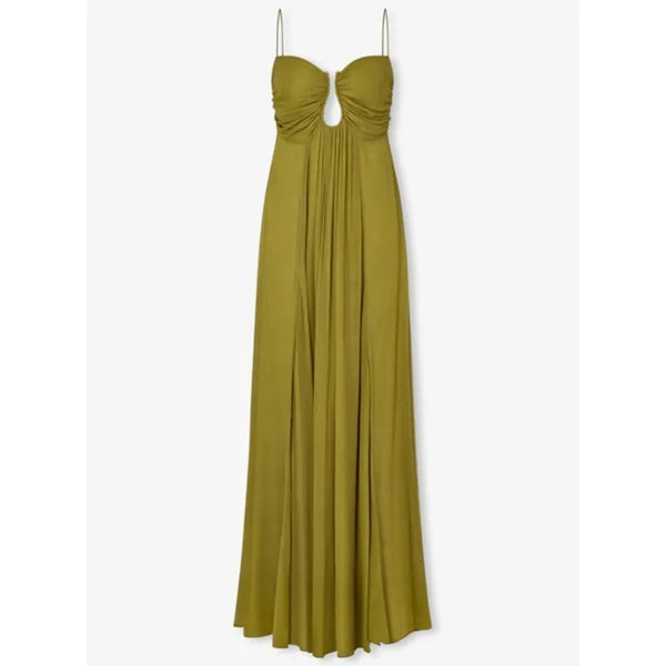 Elegantes Maxikleid aus Metall mit hohlem Rücken und gerafftem A-Linien-Schnitt