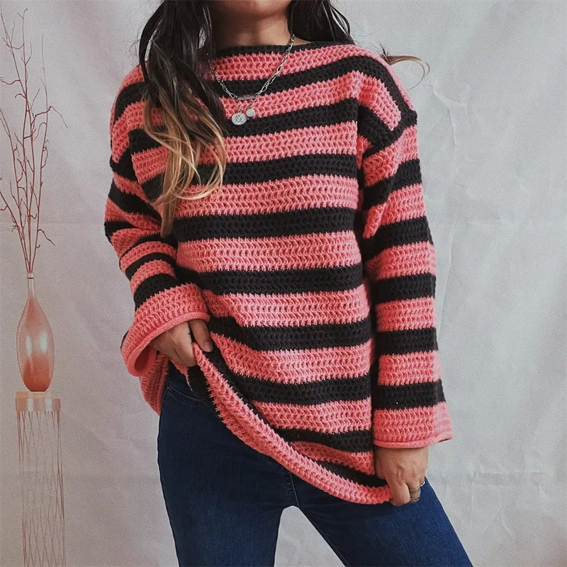 Gemütlicher übergroßer gestreifter Pullover im koreanischen Stil
