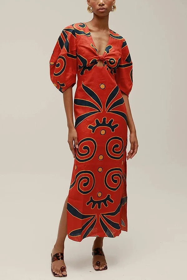 Leinenmischung Color Block Kleid mit Knoten, Ausschnitt, Puffärmeln und Maxi-Länge