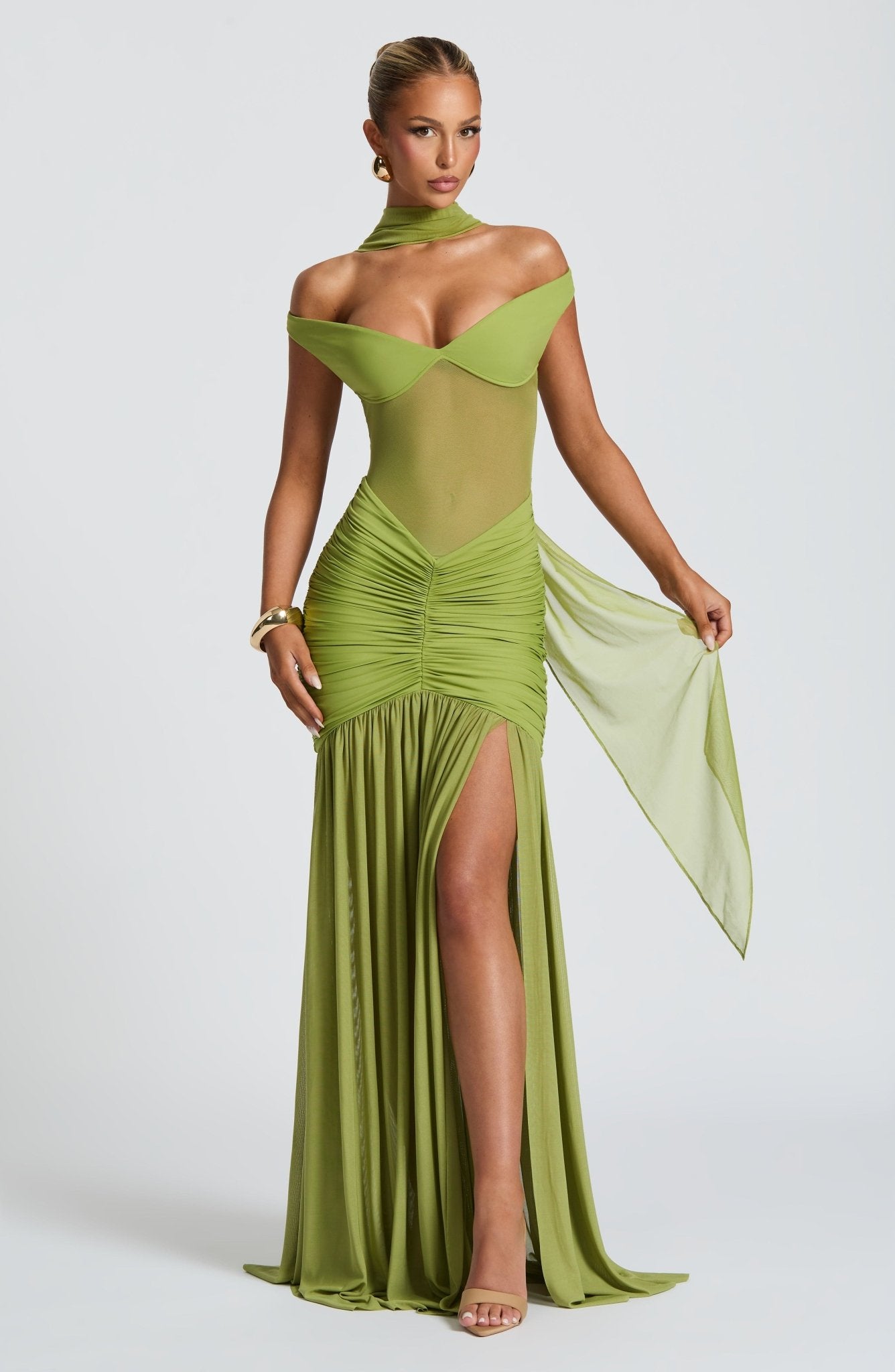 Maxikleid in Olivgrün mit eleganter Silhouette - Livezo