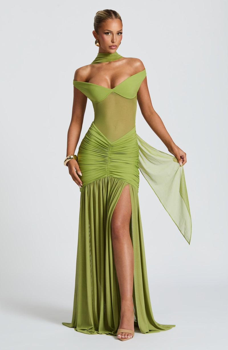 Maxikleid in Olivgrün mit eleganter Silhouette - Livezo