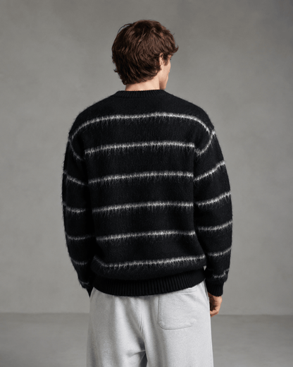 Men's Fuzzy Striped Knit Sweater Black Off White - Harren Cole
