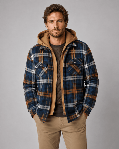 Men's Hooded Plaid Shacket Quilted Lined Zip Front - Harren Cole