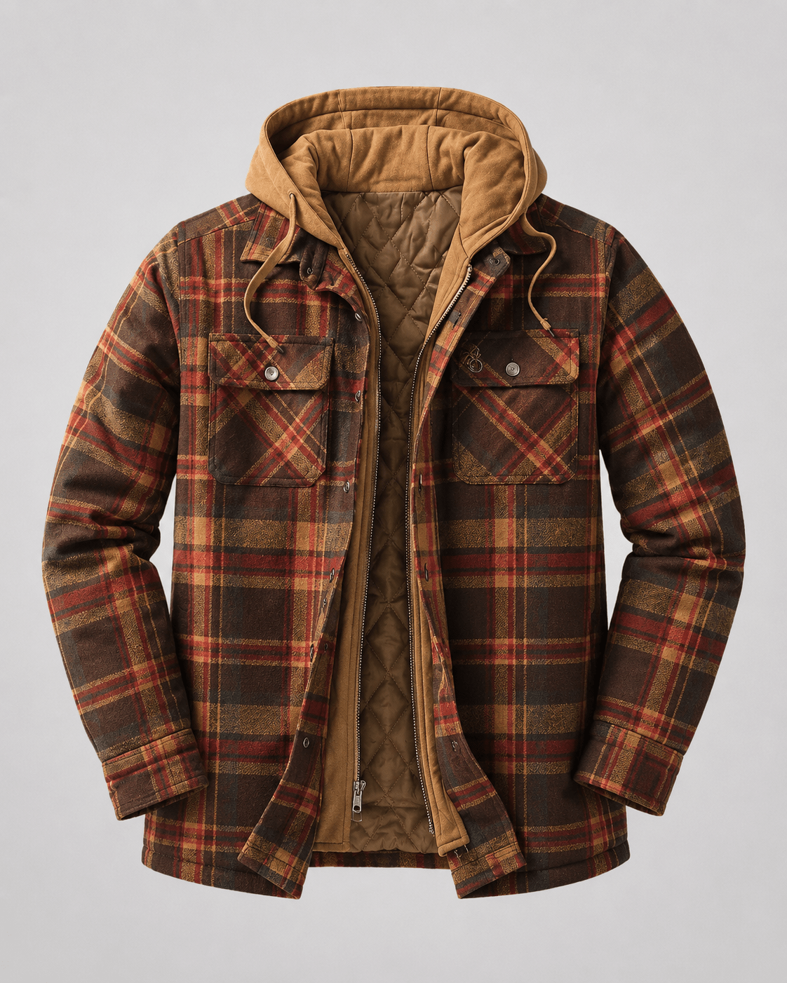 Men's Hooded Plaid Shacket Quilted Lined Zip Front - Harren Cole