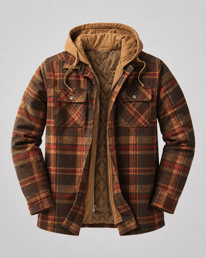 Men's Hooded Plaid Shacket Quilted Lined Zip Front - Harren Cole