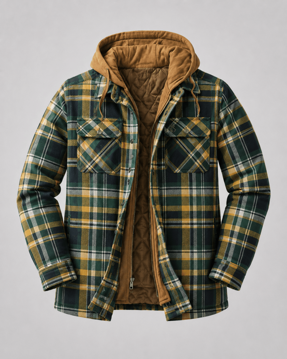Men's Hooded Plaid Shacket Quilted Lined Zip Front - Harren Cole