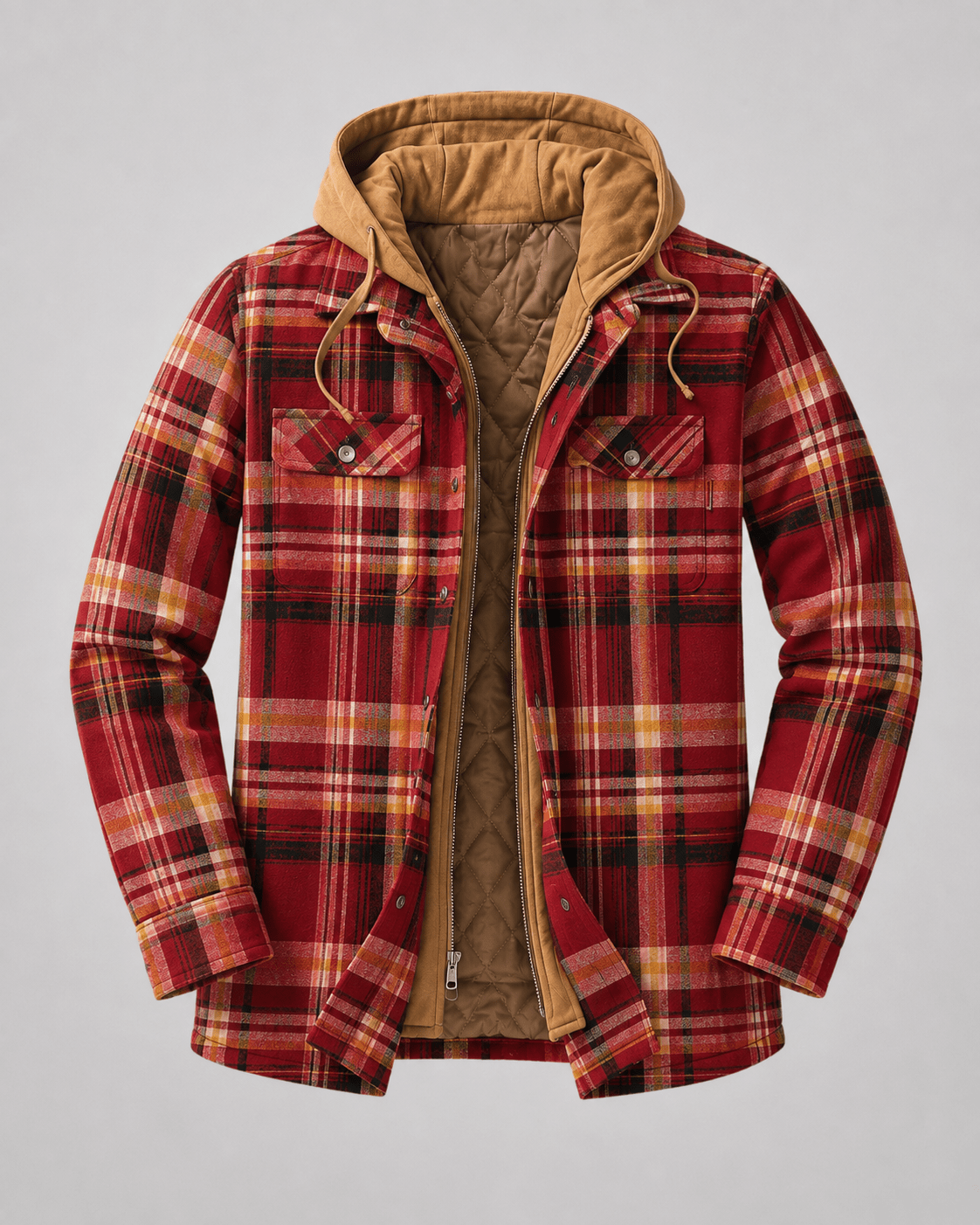 Men's Hooded Plaid Shacket Quilted Lined Zip Front - Harren Cole