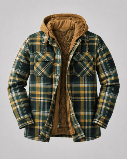 Men's Hooded Plaid Shacket Quilted Lined Zip Front - Harren Cole