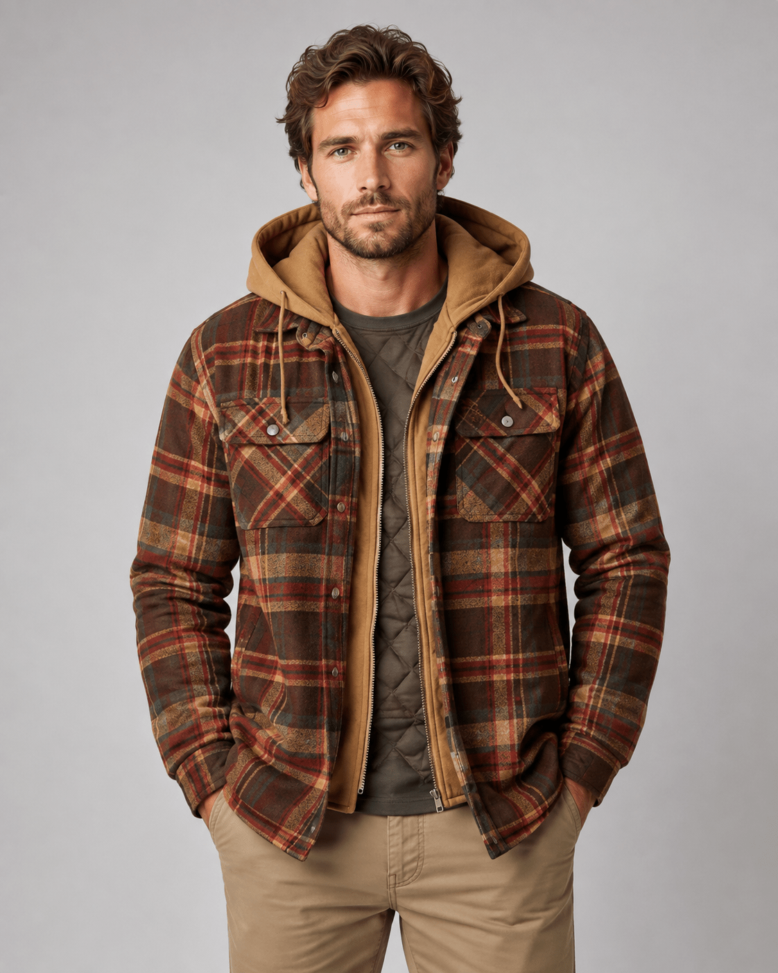 Men's Hooded Plaid Shacket Quilted Lined Zip Front - Harren Cole