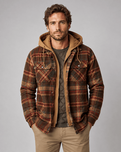 Men's Hooded Plaid Shacket Quilted Lined Zip Front - Harren Cole