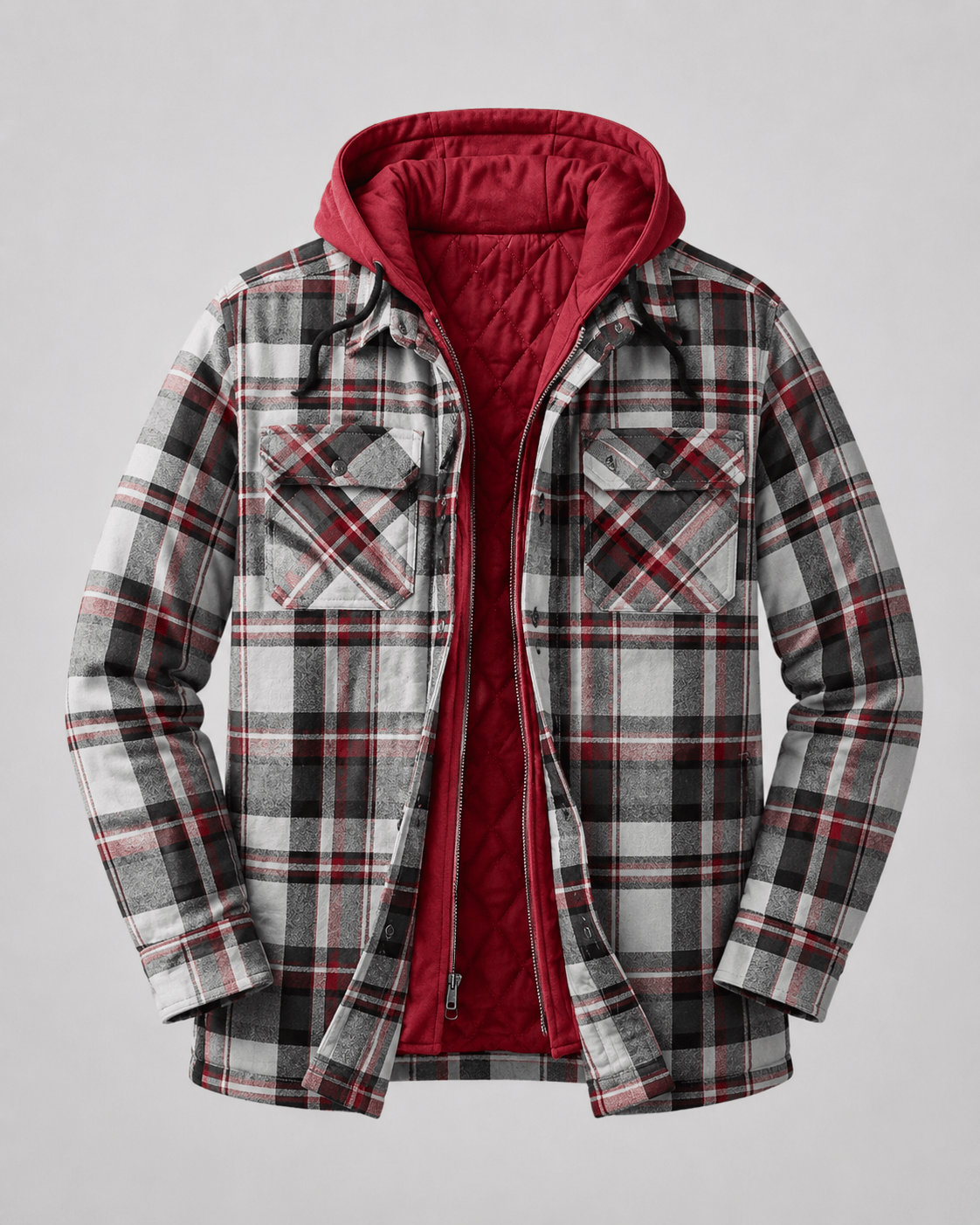 Men's Hooded Plaid Shacket Quilted Lined Zip Front - Harren Cole