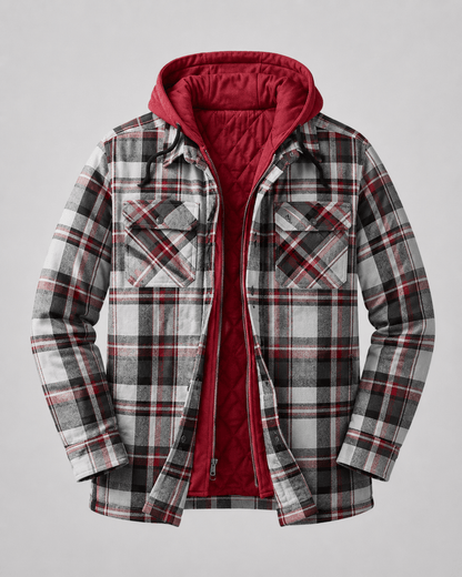 Men's Hooded Plaid Shacket Quilted Lined Zip Front - Harren Cole
