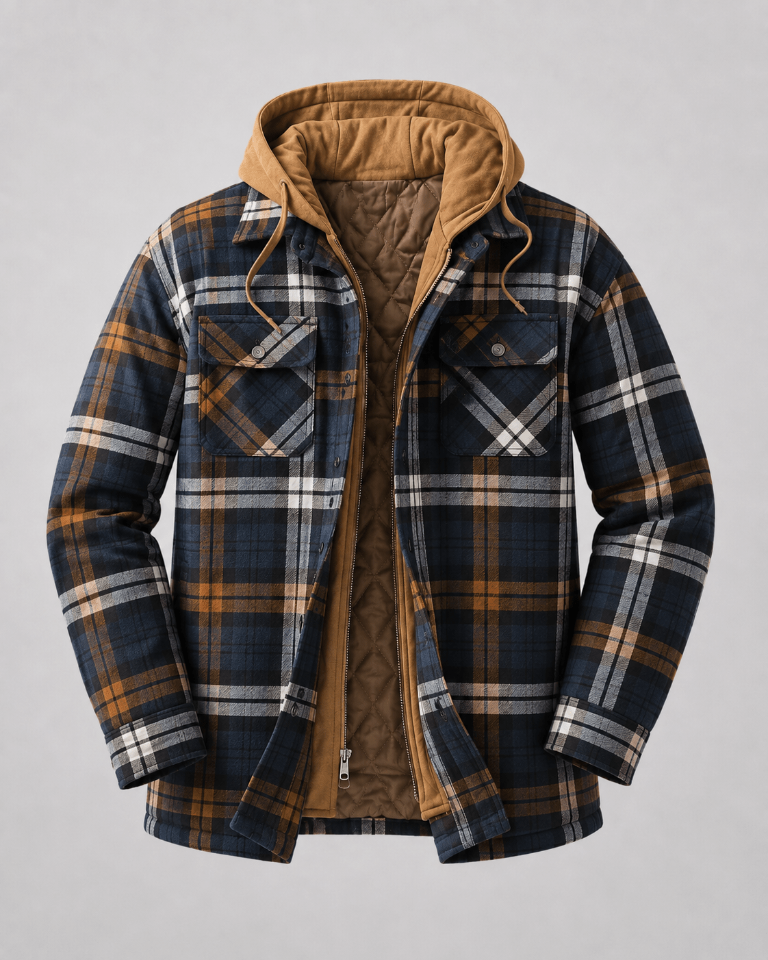 Men's Hooded Plaid Shacket Quilted Lined Zip Front - Harren Cole
