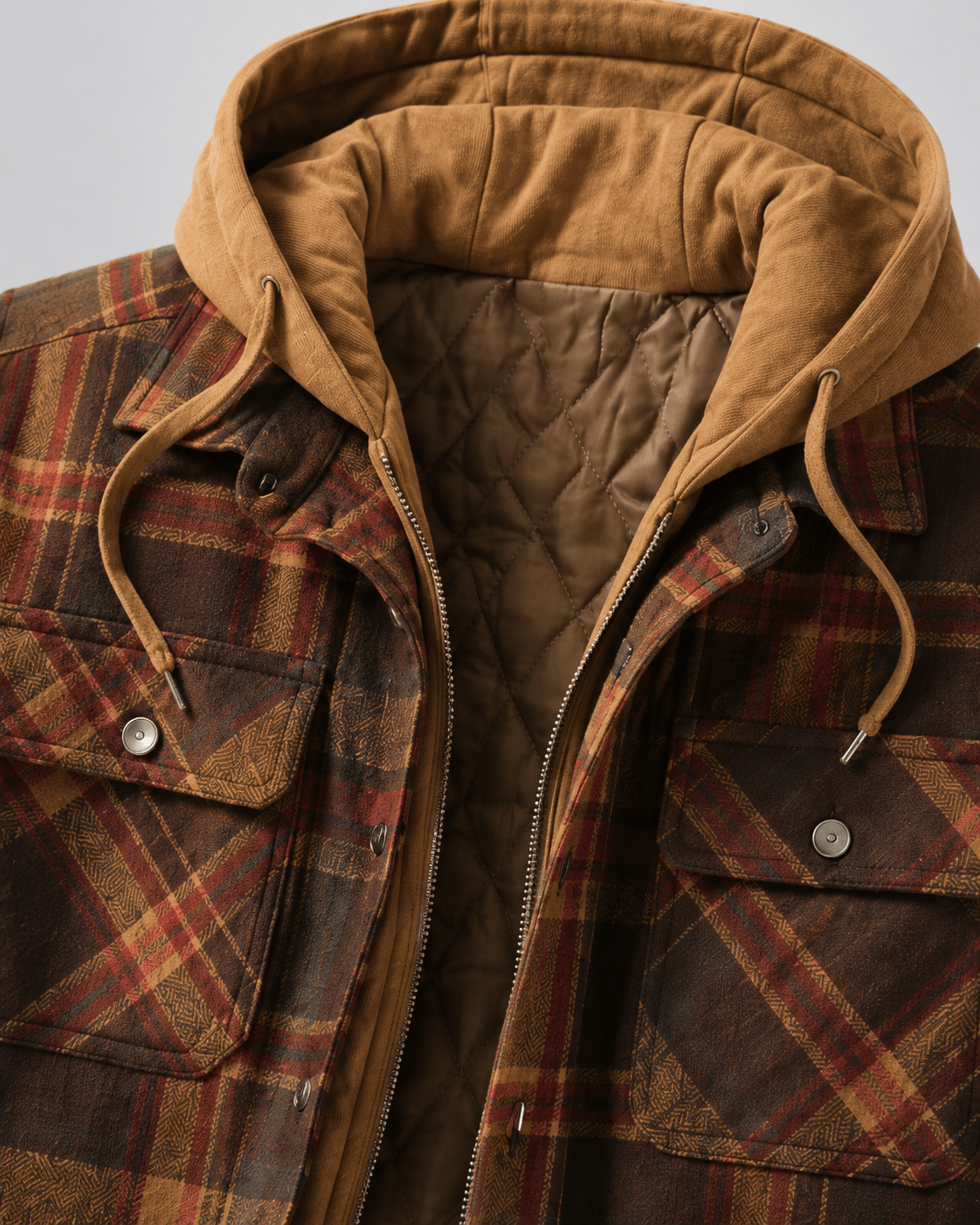 Men's Hooded Plaid Shacket Quilted Lined Zip Front - Harren Cole