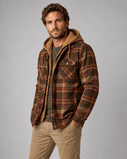 Men's Hooded Plaid Shacket Quilted Lined Zip Front - Harren Cole